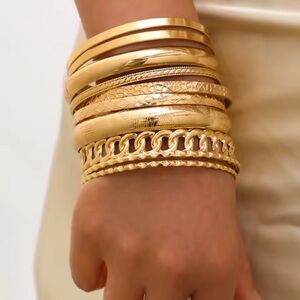 Gold Tone Bangle Bracelet Set of 10 – Mixed Textures & Designs - NEW
